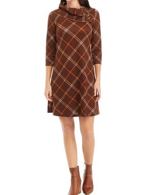 New Sandra Darren Brown Plaid Mini Dress with Button Cowl Neck